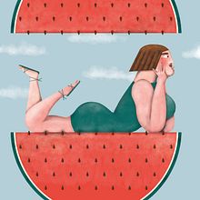 Ilustración de mujer y sandía. Ilustración verano.. Traditional illustration, and Digital Illustration project by Raquel Feria Legrand - 04.22.2019