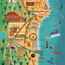 Illustrated map - Cullera. Un proyecto de Creatividad, Dibujo artístico, Diseño de la información, Educación, Eventos, Ilustración tradicional, Ilustración digital y Publicidad de Araceli Moya - 10.05.2019