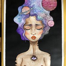 La galaxia en mi cabeza. Projekt z dziedziny Kreat, wność,  R, sunek, Portret,  Malarstwo i Malowanie akwarelą użytkownika Stephanie Castro - 29.05.2019