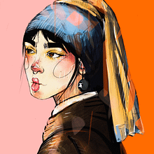Dibujo a Natalia Lacunza como La joven de la Perla. Un proyecto de Collage, Dibujo, Ilustración tradicional, Ilustración digital y Pintura de Sofía Gregorio - 27.06.2019