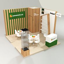 Panarro Foods stand design Alimentaria 2018. Un proyecto de 3D, Decoración de interiores, Dirección de arte, Diseño de interiores, Diseño, creación de muebles					, Diseño gráfico y Modelado 3D de Verónica Carrasco de Pablo - 16.04.2018
