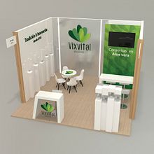 Vixvital stand design Alimentaria 2018. Un proyecto de 3D, Decoración de interiores, Dirección de arte, Diseño de interiores, Diseño, creación de muebles					, Diseño gráfico y Modelado 3D de Verónica Carrasco de Pablo - 16.04.2018
