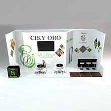 Ciky Oro stand design Fruit Attraction 2018. Un proyecto de 3D, Decoración de interiores, Dirección de arte, Diseño de interiores, Diseño, creación de muebles					, Diseño gráfico y Modelado 3D de Verónica Carrasco de Pablo - 23.10.2018