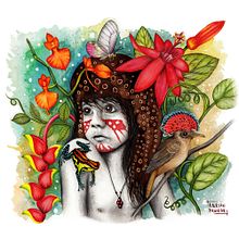 Itinkami: Representación infantil de un espíritu de la etnia Machiguenga (selva sur peruana) quien es creadora de vida. La acompañan especies amazónicas en peligro.. Un proyecto de Dibujo, Dibujo a lápiz, Dibujo artístico, Dibujo de Retrato, Dibujo realista, Diseño de personajes y Pintura a la acuarela de Adrian Torres Paucar - 03.11.2019