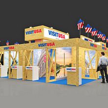 Diseño stand VISIT USA - FITUR 2020 - IFEMA - MADRID Ein Projekt aus dem Bereich 3D, Innenarchitektur, 3-D-Design, Innendesign, Bühnendekoration, Events und Infografik von M. Mercedes Aramendia Ramos - 03.03.2020
