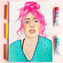 Bubblegum hair, embrodiered shirt. Un proyecto de Bordado, Dibujo de Retrato, Diseño de moda e Ilustración tradicional de Angela Hernandez - 14.05.2020