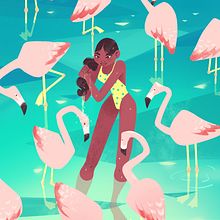 Flamingo Beach. Digital Illustration, and Traditional illustration project by Joana Neves - 09.05.2019