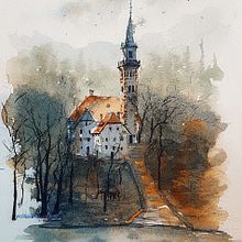 Lake Bled. Architectural Illustration, Architecture, Concept Art, Traditional illustration, Sketching, and Watercolor Painting project by Reha Sakar - 06.02.2020