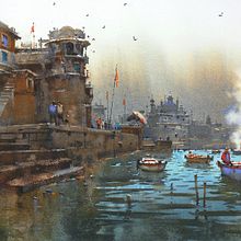 Winter Evening at Banaras.. Projekt z dziedziny  R, sunek architektoniczn, Trad, c, jna ilustracja, Architektura krajobrazu,  Malarstwo i Malowanie akwarelą użytkownika Prafull Sawant - 11.07.2020