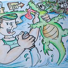 Mi Proyecto del curso: Introducción a la creación de personajes estilo cartoon. Mi personaje se llama LEO RAMBO, es un joven que siempre se mete en problemas por ser un poco extrovertido y pantallero. Aquí lo vemos peleando con un caimán.. Projekt z dziedziny Trad, c, jna ilustracja, Projektowanie postaci,  R i sunek użytkownika Orlando Tenorio Ríos - 01.05.2020