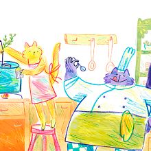 Kitty Kitchen. Traditional illustration, and Children's Illustration project by Cris Martín - 08.21.2020