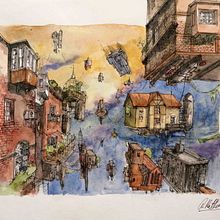 My floating city. Architectural Illustration, Traditional illustration, and Watercolor Painting project by Andres Matthiess - 09.04.2020