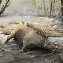 Daeodon playing in the mud. Fine Arts, Concept Art, Digital Drawing, Traditional illustration, Digital Illustration, and Digital Painting project by Miquel Camio Jiménez - 09.13.2020