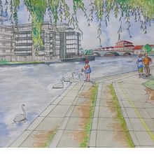 My project in Architectural Sketching with Watercolor and Ink course - Final Project - Nene River Peterborough UK. Un projet de Illustration architecturale de Alwyn Bull - 24.09.2020