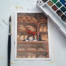 Kiki's delivery service (bakery watercolor). Un progetto di Illustrazione con inchiostro e Pittura ad acquerello di Paula de Tierra - 25.09.2020