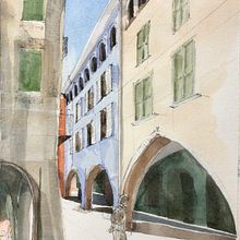 "Man strolling in Dogliani High Street" . Architectural Illustration, Architecture, Sketching, and Watercolor Painting project by Sara Dryburgh - 10.13.2020