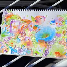 Cats, fish, a poppy and some bizzare mood - square colors harmony. Pintura em aquarela projeto de Anna Radchenko - 24.10.2020