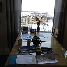 My table with window. I live in northern Canada. It was already dark so there was no view.  I now added colour and the view.. Pencil Drawing project by S Carriere - 11.09.2020