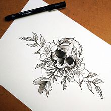 Skull and flowers original underboob tattoo design with its complete creative process Ein Projekt aus dem Bereich Tattoodesign und Traditionelle Illustration von Mentiradeloro Esther Cuesta - 10.11.2020