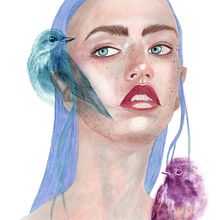 Watercolor portrait with digital added birds. Projekt z dziedziny Malowanie akwarelą,  Rysunek artystyczny i Projektowanie cyfrowe użytkownika Marleen Jansen - 13.11.2020