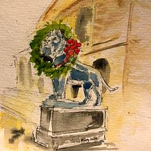 Lion at the Art Institute . Pictură în acuarelă de Mary Lagdameo - 11.15.2020