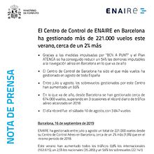 Nota de prensa - El Centro de Control de ENAIRE en Barcelona ha gestionado más de 221.000 vuelos este verano, cerca de un 2% más. Communication project by Samy Ataoui González - 09.16.2019