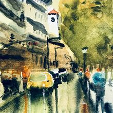 City Scape project changed to a rainy day scene. 8”X5.5” sketchbook painted with Qor watercolor paints with a water brush. . Watercolor Painting project by Orville Sentman - 12.04.2020