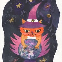 Witchy Cat: My project in Illustration Techniques with Watercolor and Gouache course. Gouache Painting, Traditional illustration, and Watercolor Painting project by Claudia Aurednik - 02.10.2021
