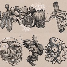 October Drawing Challenge in Tattoo style. Un proyecto de Ilustración botánica, Dibujo digital, Ilustración digital, Ilustración tradicional y Diseño de tatuajes de Ksenia - 20.10.2021