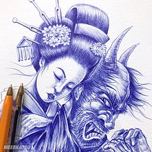 Biro Art - Ballpoint pen drawing of geisha v demon. Ink Illustration project by Seymour Yang - 03.06.2021