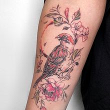 Gorrión entre flores. Tattoo Design, Traditional illustration, and Botanical Illustration project by Icarus - 03.08.2021