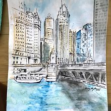 Downtown Chicago w color. Un projet de Illustration traditionnelle , et Aquarelle de Mary Lagdameo - 15.03.2021