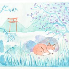 Final Project "Watercolor with Japanese Influence" : Kitsune sleeping at the lake. Traditional illustration, and Watercolor Painting project by sophieginger - 03.17.2021