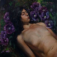 One of the things I enjoy more is to paint from the model. Sometimes I take take a pose that I like in when I paint with the model and think of a background I would like, so I kind of painted the surrounding flowers from imagination.. Een project van  Olieverfschilderij van Remi Cárdenas - 23.03.2021