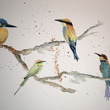 A little group of Bee-eaters. Watercolor and ink.. Pintura em aquarela projeto de hahawolf - 29.03.2021