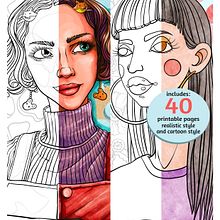 Color Book - portrait - realistic & cartoon style - 40 pages. Un proyecto de Ilustración botánica, Cómic, Dibujo digital, Ilustración digital, Ilustración tradicional, Ilustración naturalista				, Dibujo y Dibujo de Retrato de Dora Mode - 01.04.2021