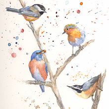 Four birdies; one berry. Watercolor Painting project by ola_lapczak - 04.16.2021
