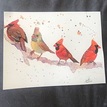 Four cardinals on a branch. Watercolor Painting project by Sandra Cabrera Patiño - 04.18.2021