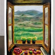Paisaje a través de una ventana con bodegón pequeño. Een project van Schilderij, Aquarelschilderen,  Acr, lschilderij y  Olieverfschilderij van William Cisneros Guerra - 13.04.2021