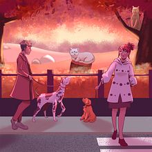 Recent illustration: Couple walking around with pets. Projekt z dziedziny Trad, c, jna ilustracja, Ilustracja c i frowa użytkownika Yukio Emori - 26.04.2021