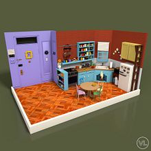 Monica's apartment - Friends TV Show. 3D, Design, Traditional illustration, Art Direction, Furniture Design, Making, Graphic Design, Interior Design, Set Design, TV, Film, 3D Modeling, Digital Illustration, Decoration, Instagram, 3D Design, Digital Design, and Architectural Illustration project by Valeria Lozano Jiménez - 05.26.2021