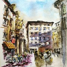 Piazza della Maddalena, Roma, ITALY, Ink and watercolor. Traditional illustration, Architecture, Ink Illustration, and Watercolor Painting project by Giorgio Grimaldi - 05.30.2021