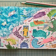 Cats on Beach-Pictorial Sketchbook with Gouache. Traditional illustration, Sketching, Drawing, Architectural Illustration, Sketchbook, and Gouache Painting project by Min Lee - 06.11.2021