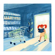 Karina in a grocery store - my project in Narrative Illustration: Tell a Story without Words course. Projekt z dziedziny Trad, c, jna ilustracja,  R, sunek, Stor, telling, Ilustracje dla dzieci, Narracja, Malowanie gwaszami i Książka obrazkowa użytkownika Kate Soaha - 31.05.2021