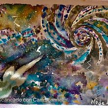 "Un Viaje Cósmico con Mantarrayas Estelares" . Pictură în acuarelă de Nada Sadat Moshashaei - 06.21.2021