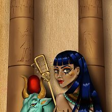 Hathor - Egyptian Goddess of the sun, music and love. Projekt z dziedziny Trad, c, jna ilustracja,  R, sunek, Ilustracja c, frowa, Portret, R, sunek c, frow, Malarstwo c i frowe użytkownika Sabrina Wohlfeil - 04.07.2021