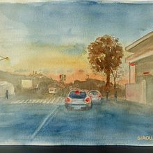 Un embouteillage au coucher du soleil. Watercolor Painting project by luco_spincer - 08.07.2021