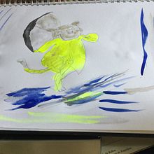 Kitty in the rain in bright light coat splashing in the puddles.. Traditional illustration project by sharrocks4 - 08.25.2021