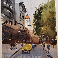 My project in Urban Landscapes in Watercolor course. Projekt z dziedziny  Sztuki piękne, Malowanie akwarelą,  R i sunek architektoniczn użytkownika Dana Oniga - 10.09.2021