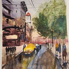 My project in Urban Landscapes in Watercolor course. Projekt z dziedziny  Sztuki piękne, Malowanie akwarelą,  R i sunek architektoniczn użytkownika Magda Cieslak - 23.09.2021